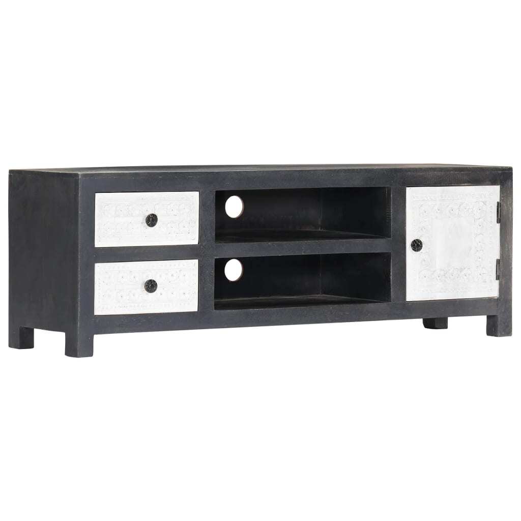 Hand Carved TV Cabinet Grey&White 120x30x40 cm Solid Wood Mango