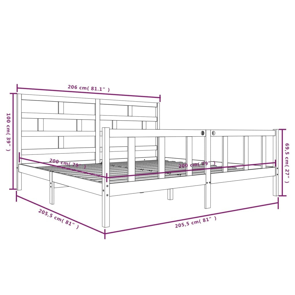 3101372 Bed Frame without Mattress Black Solid Wood 200x200 cm (810106+814218)