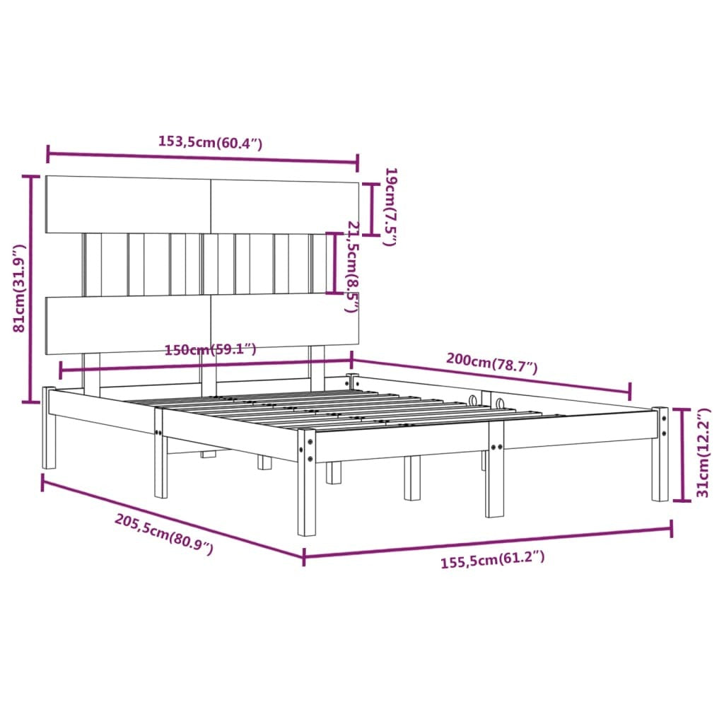Bed Frame without Mattress Black 150x200 cm King Size Solid Wood