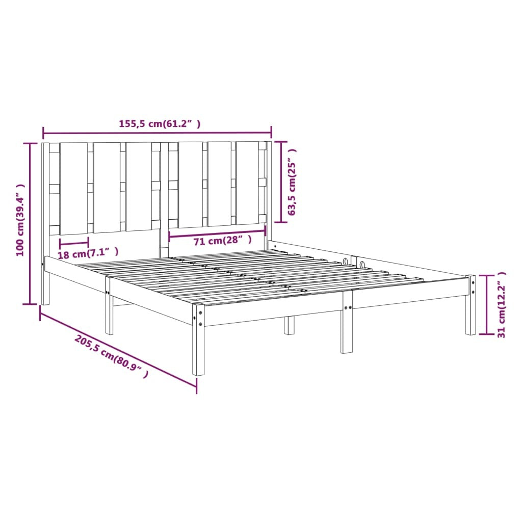 Bed Frame without Mattress Black 150x200 cm King Size Solid Wood