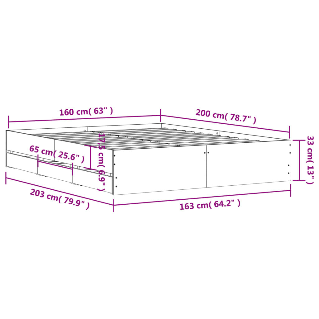 Bed Frame with Drawers without Mattress Black 160x200 cm