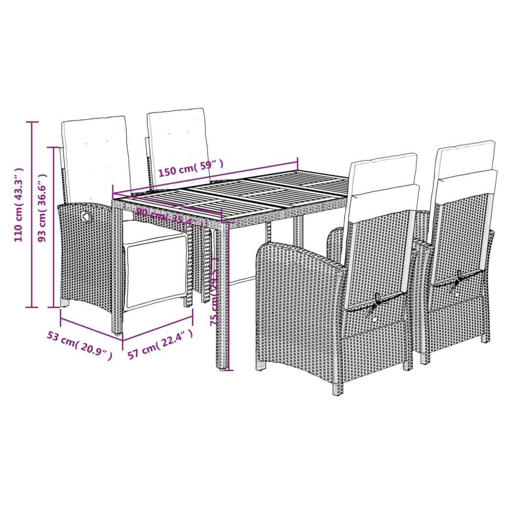 5 Piece Garden Dining Set with Cushions Black Poly Rattan