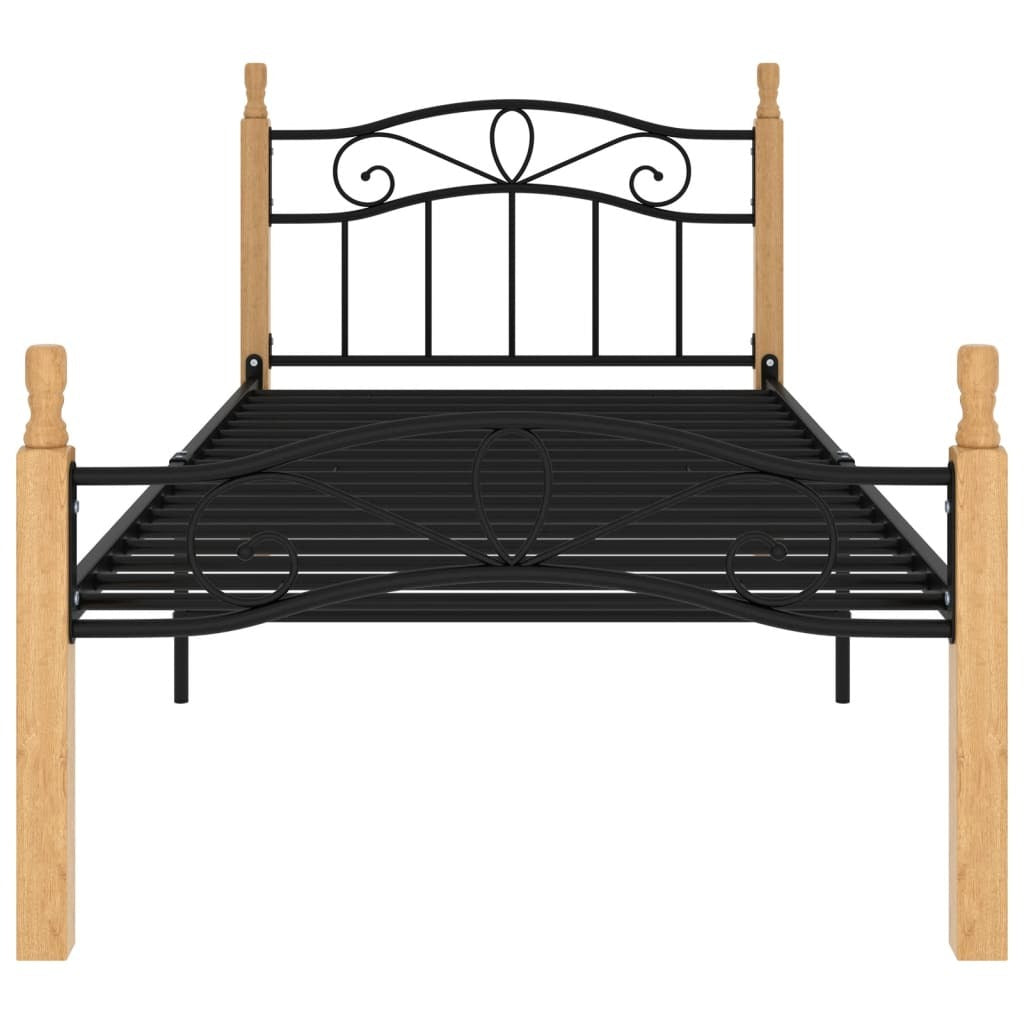 Bed Frame without Mattress Black Metal&Solid Oak Wood 90x200 cm