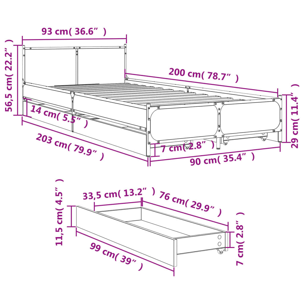 Bed Frame with Drawers without Mattress Black 90x200 cm