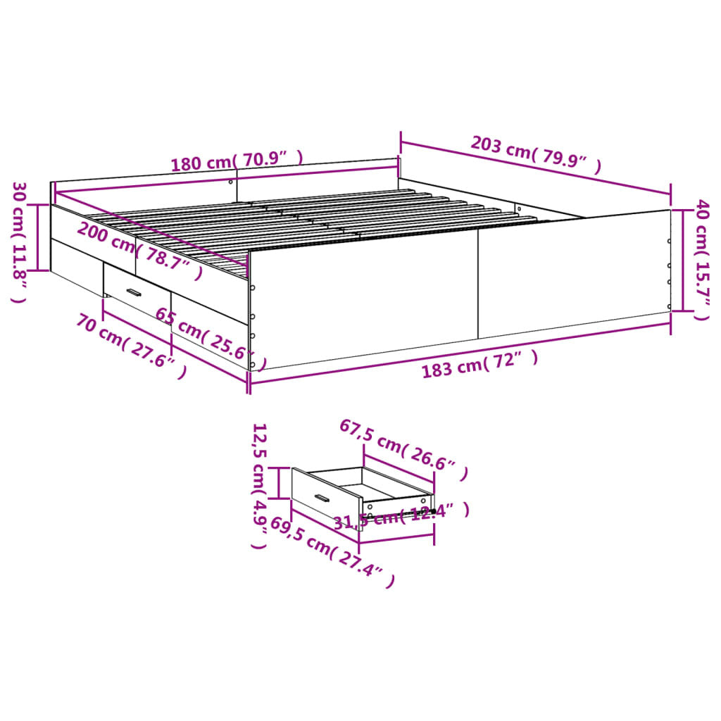 Bed Frame with Drawers without Mattress Black 180x200 cm Super King