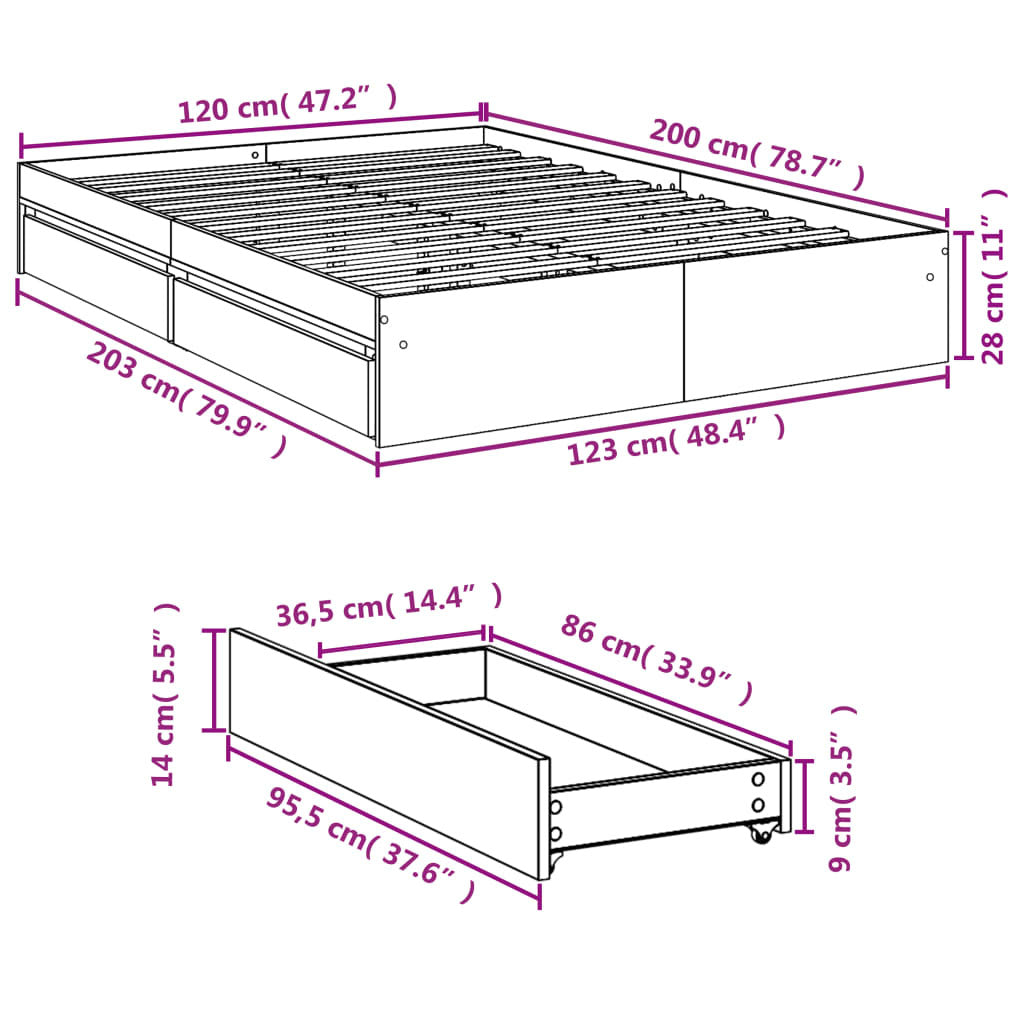Bed Frame with Drawers without Mattress Black 120x200 cm