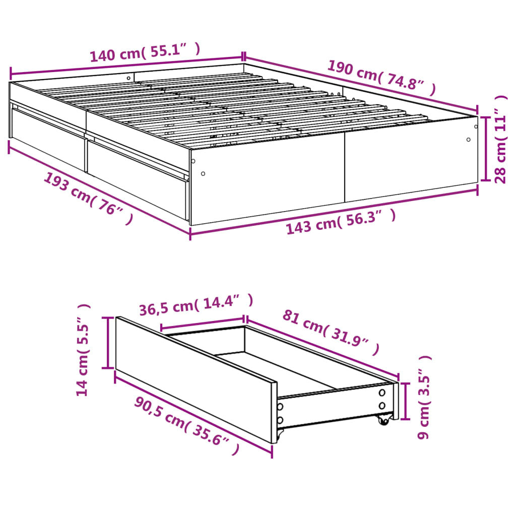 Bed Frame with Drawers without Mattress Black 140x190 cm