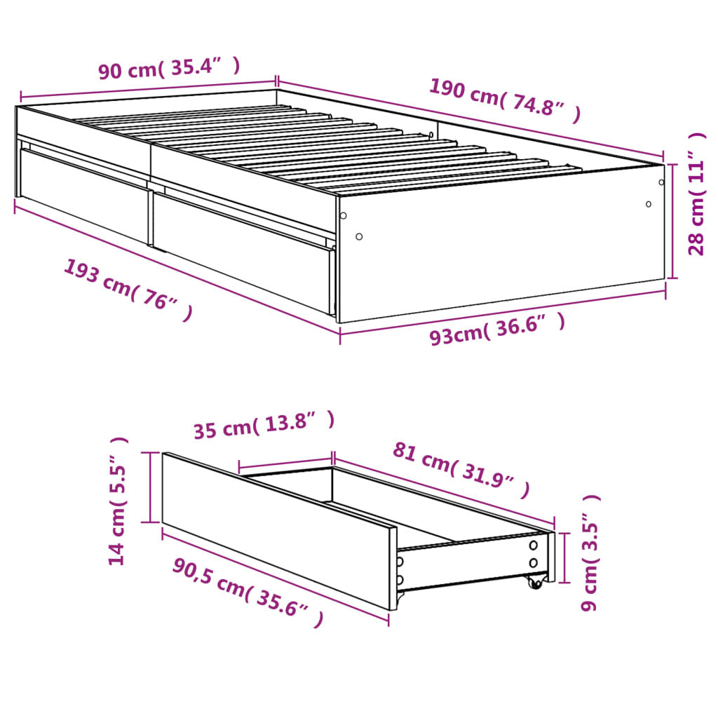 Bed Frame with Drawers without Mattress Black 90x190 cm Single