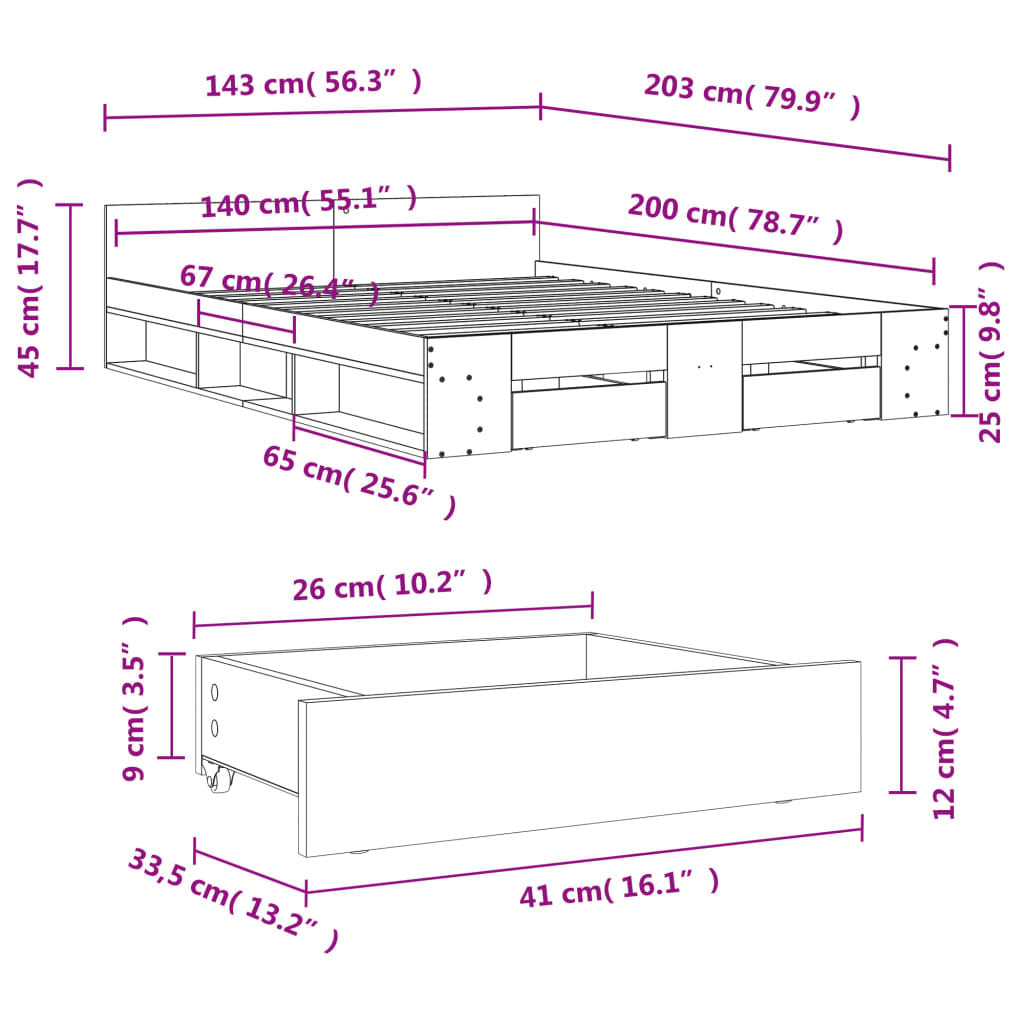 Bed Frame with Drawers without Mattress Black 140x200 cm