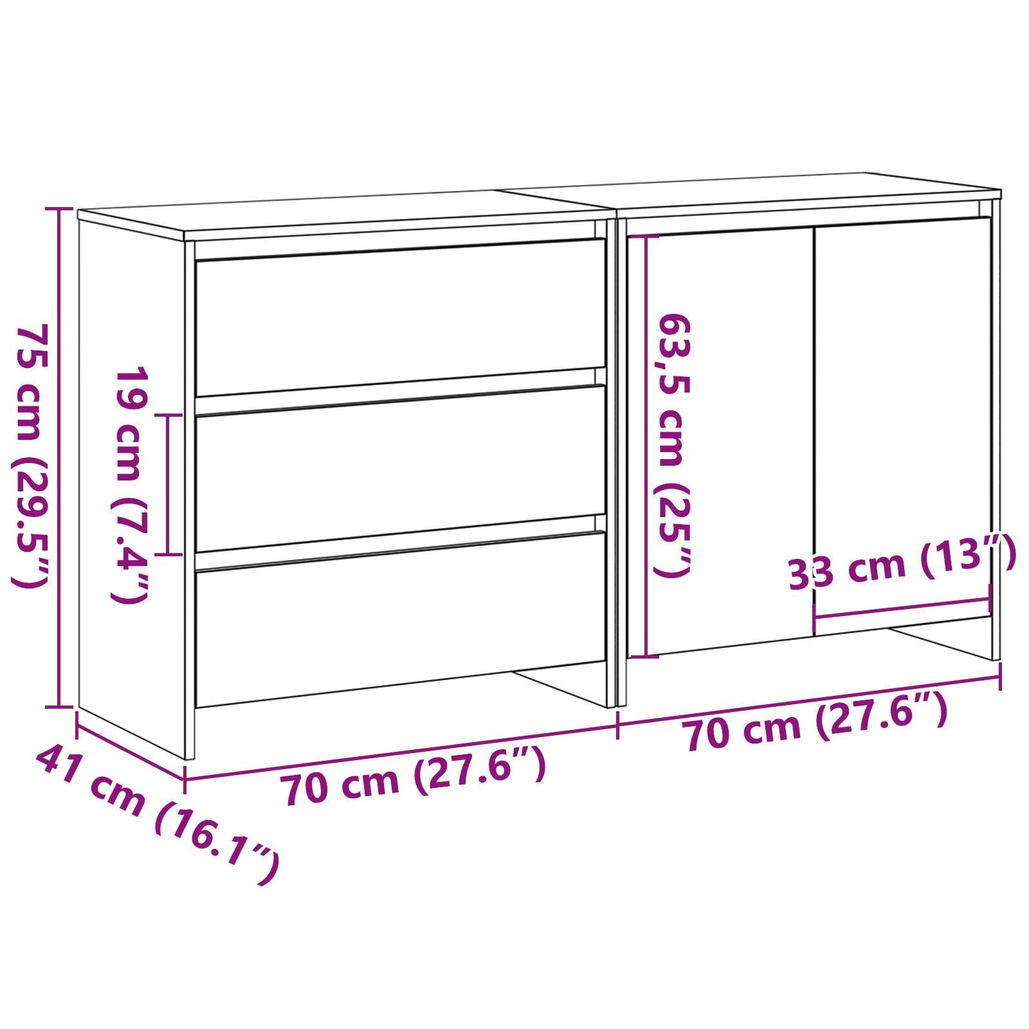 Sideboard 2 pcs Black 70 x 41 x 75 cm Engineered wood