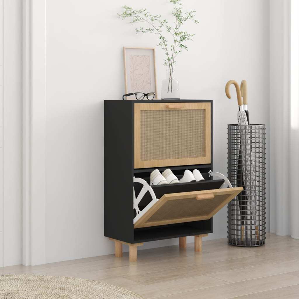 Shoe Cabinet Black 52x25x80 cm Engineered Wood&Natural Rattan
