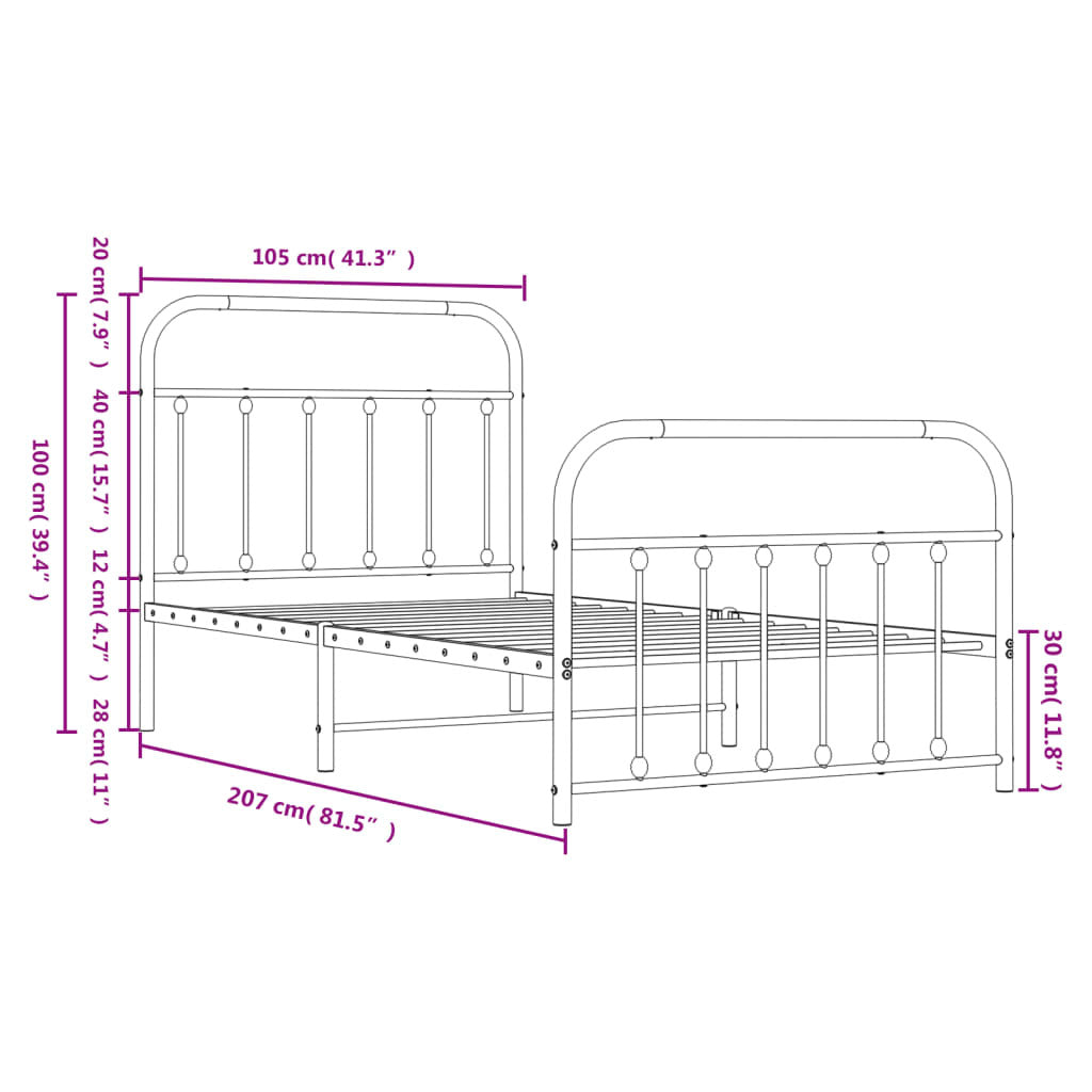 Metal Bed Frame without Mattress with Footboard Black 100x200cm