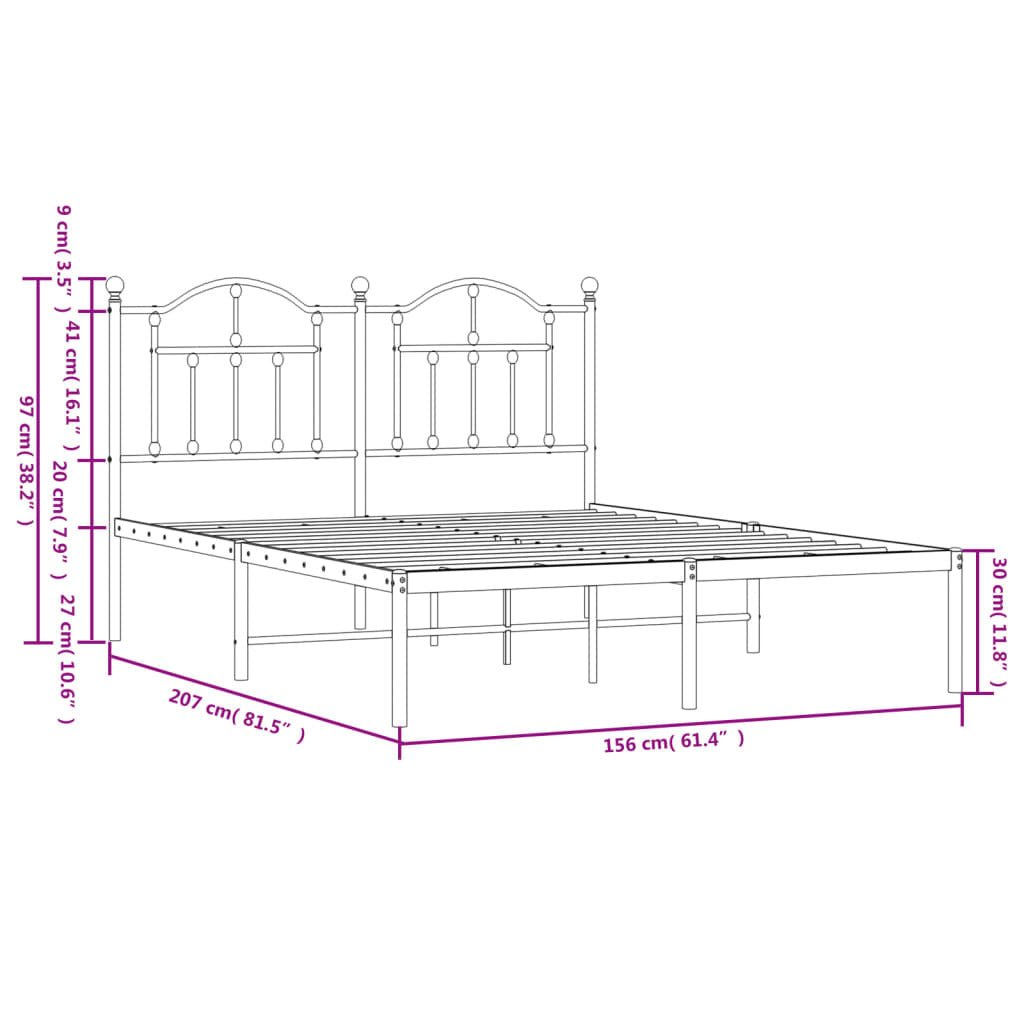 Metal Bed Frame without Mattress with Headboard Black 150x200cm