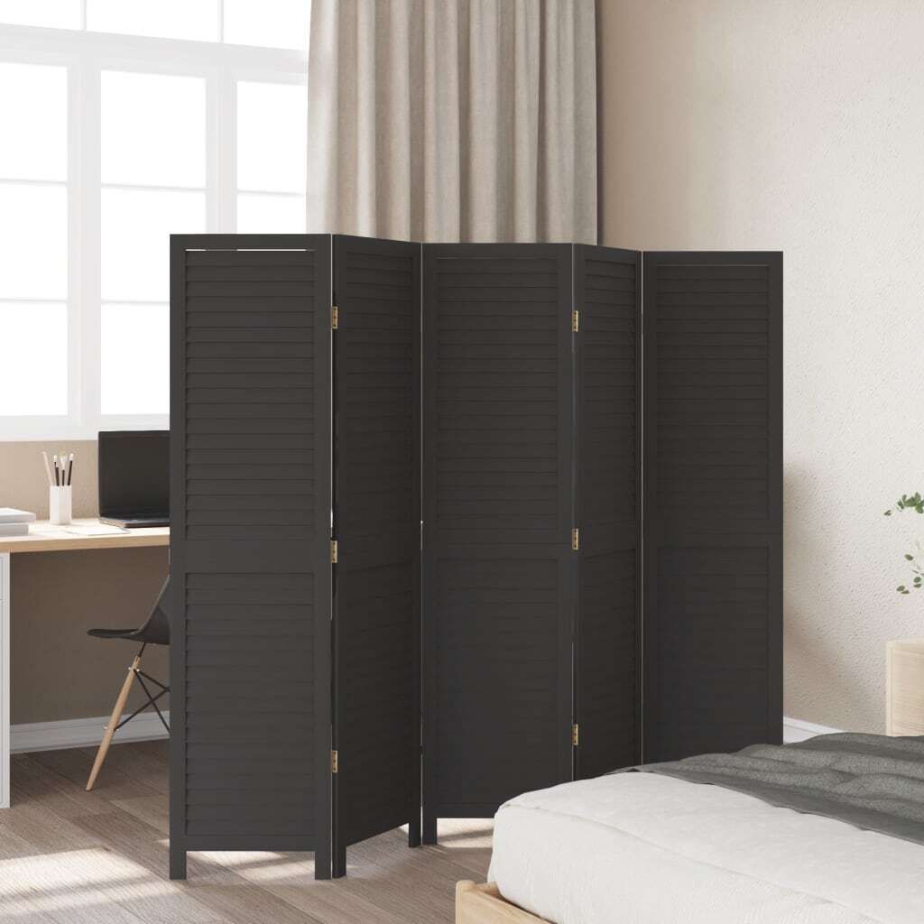 Room Divider?5 Panels Black Solid Wood Paulownia