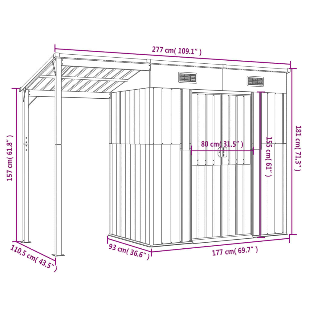 Garden Shed with Extended Roof Light Brown 277x107x181cm Steel