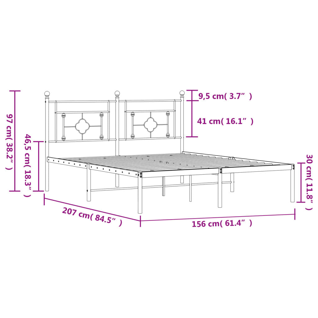 Metal Bed Frame without Mattress with Headboard Black 150x200cm