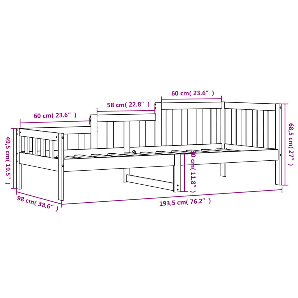 Day Bed without Mattress Black 90x190 cm Single Solid Wood Pine