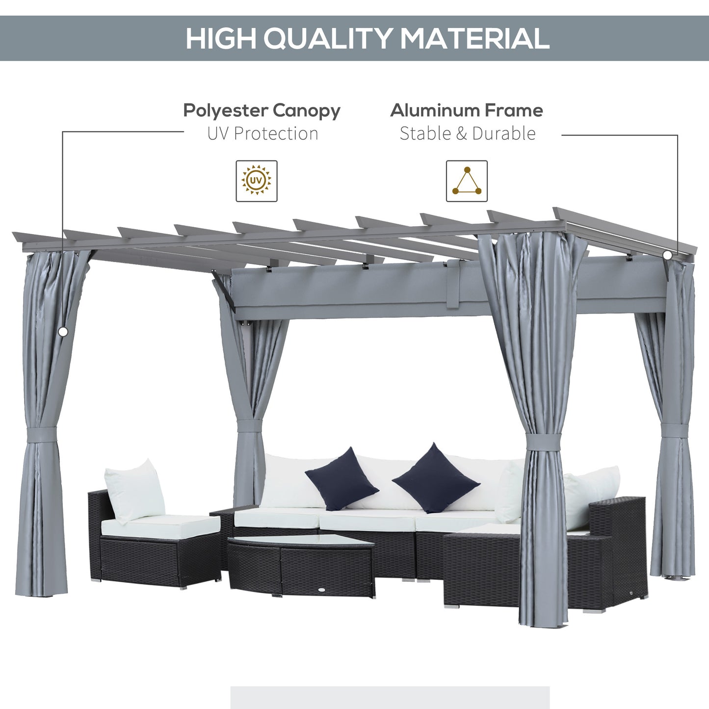 3.6 x 3m Pergola Gazebo Retractable Canopy Curtains, Aluminum, Dark Grey