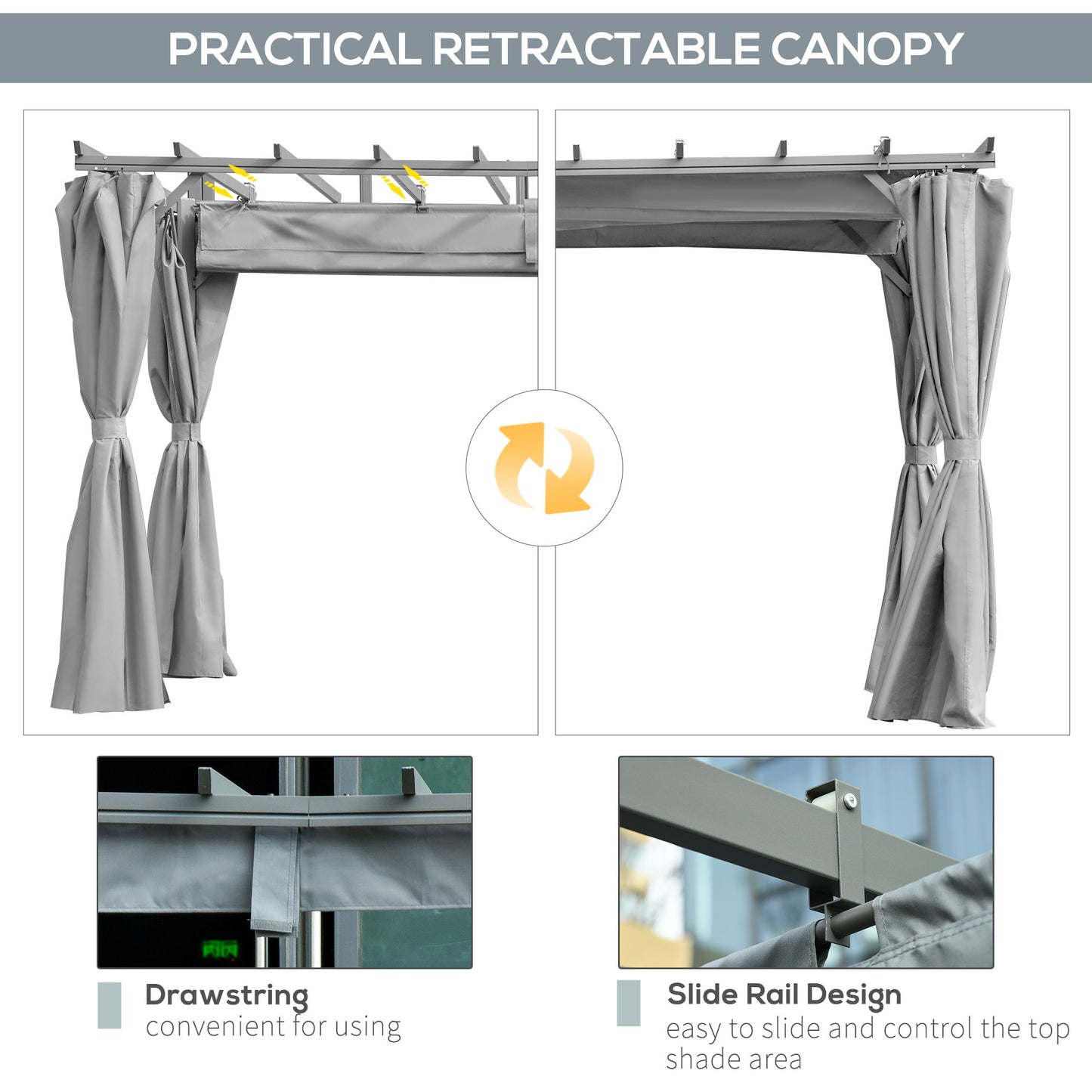 3.6 x 3m Pergola Gazebo Retractable Canopy Curtains, Aluminum, Dark Grey