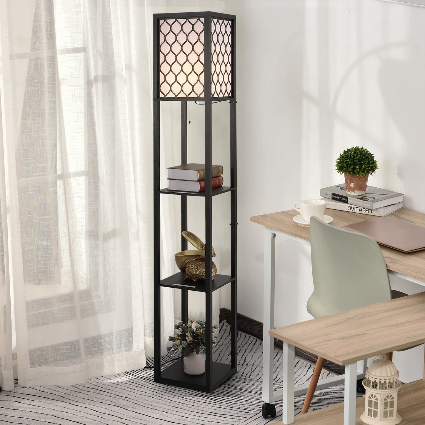 Shelf Floor Lamp W/4-tier Open Shelves Wooden, 26L x 26W x 160Hcm-Black/White