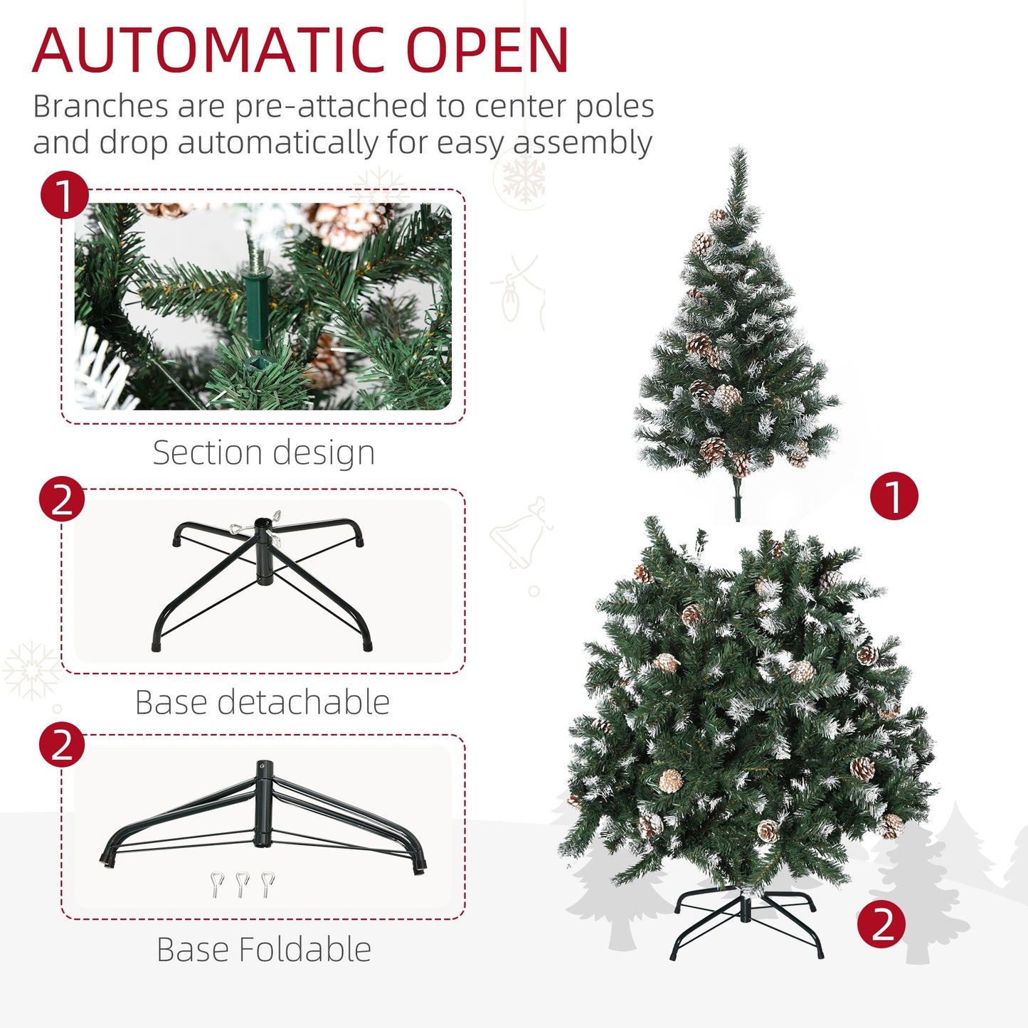 5FT Artificial Christmas Tree Xmas Indoor Decoration, Automatic Open HOMCOM