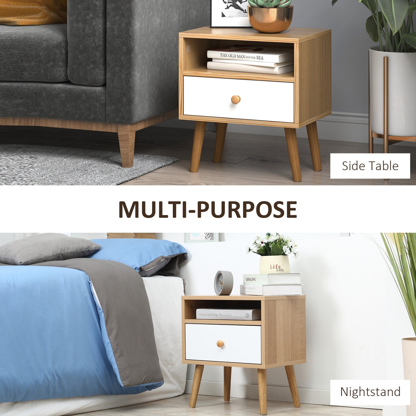Bedside Table Modern Nightstand Bedside Cabinet w/ Drawer Shelf Natural