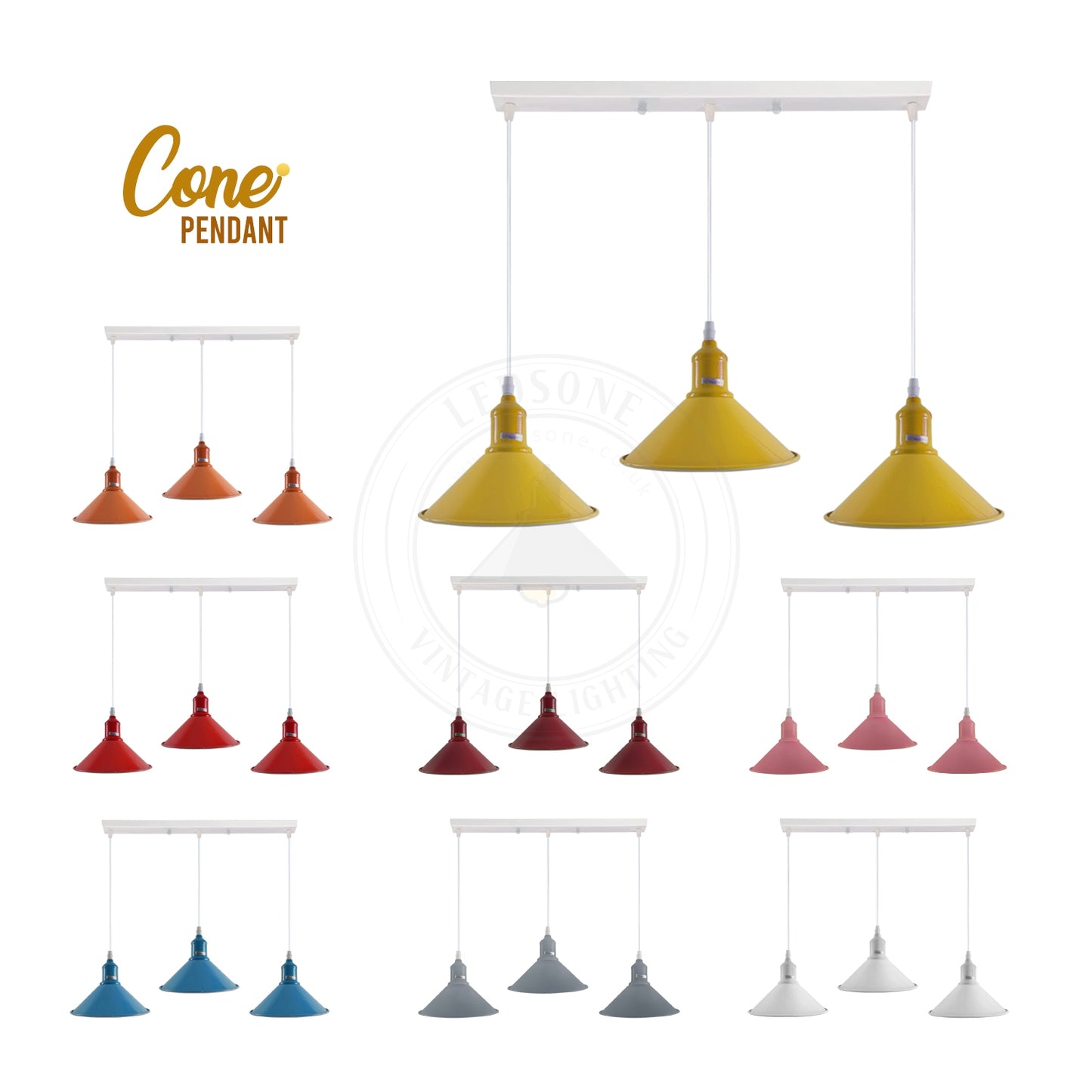 Industrial Vintage Loft Kitchen Bar 3 Lights Fittings Ceiling Cone Metal E27 Orange with bulb