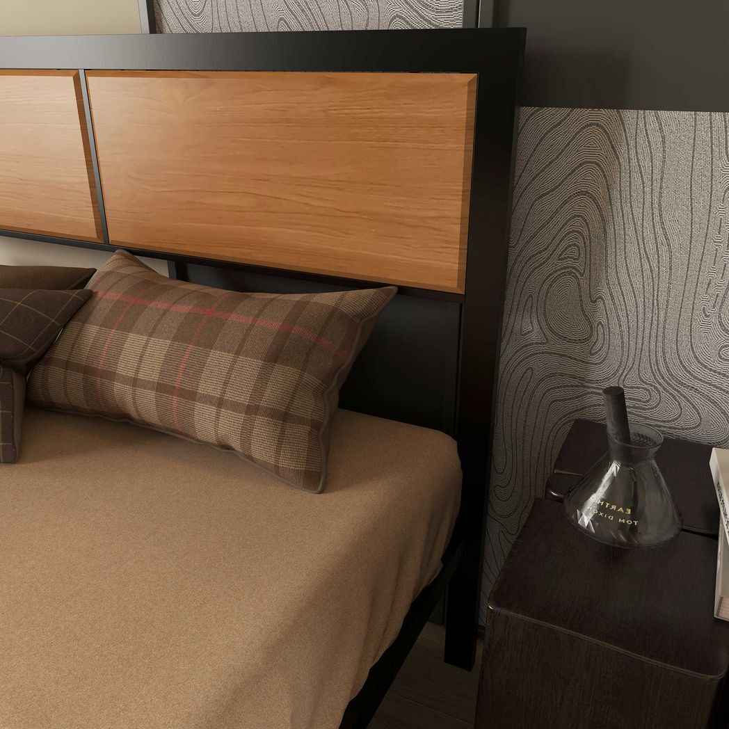 Double Size Bed Frame Steel Bed Base with Headboard 147 x 197cm Brown