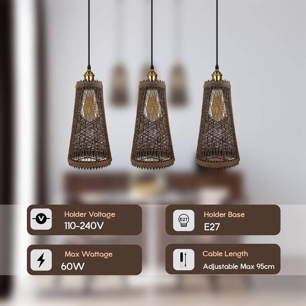 3 Head Natural Wicker Basket Style Retro Industrial Vintage Rattan Ceiling Pendant