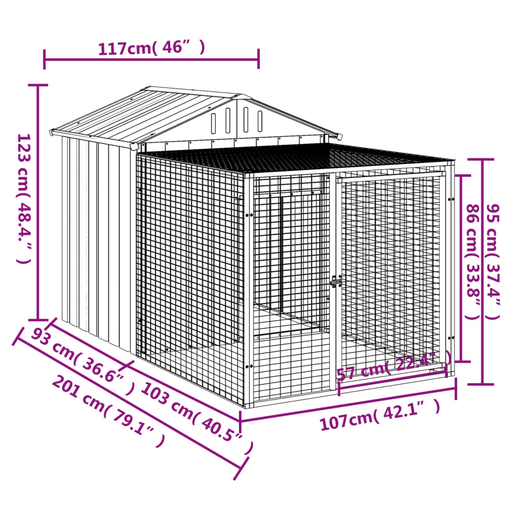 Chicken Cage with Run Light Grey 117x201x123 cm Galvanised Steel