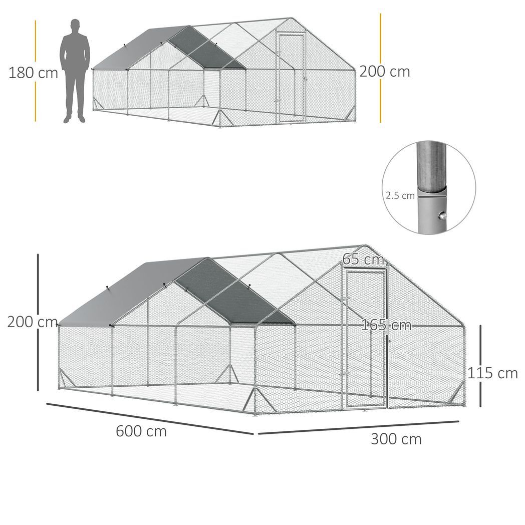 PawHut Walk In Chicken Run Large Galvanised Chicken Coop with Cover 6 x 3 x 2m