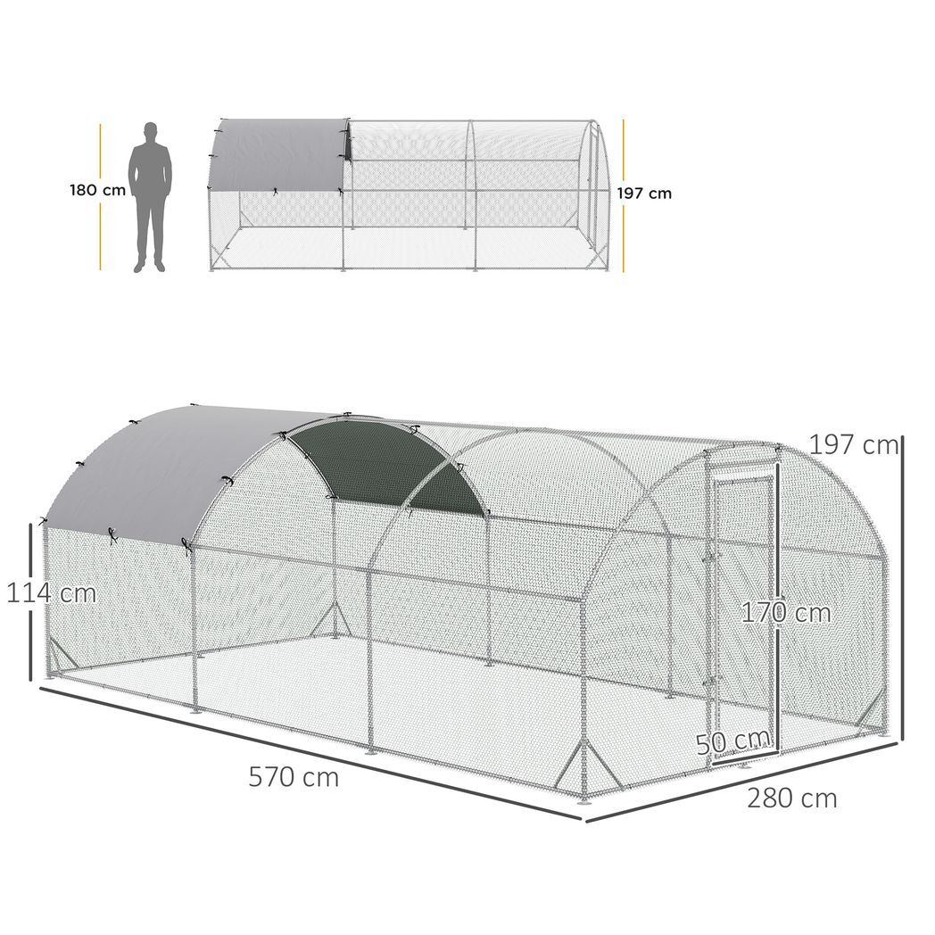 PawHut Walk-In Chicken Run Galvanised Chicken Coop with Cover 2.8 x 1.9 x 2m