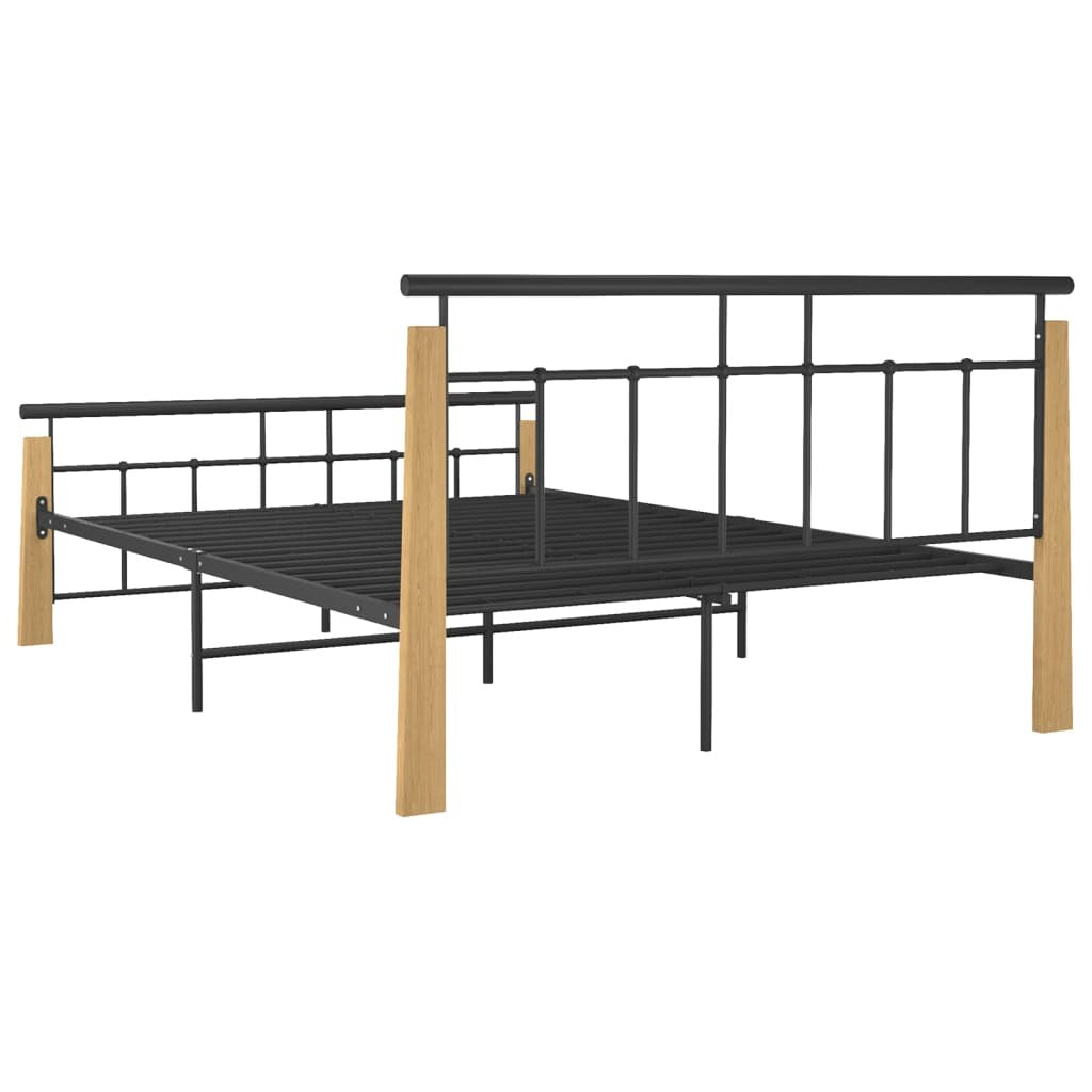 Bed Frame Metal and Solid Oak Wood 140x200 cm