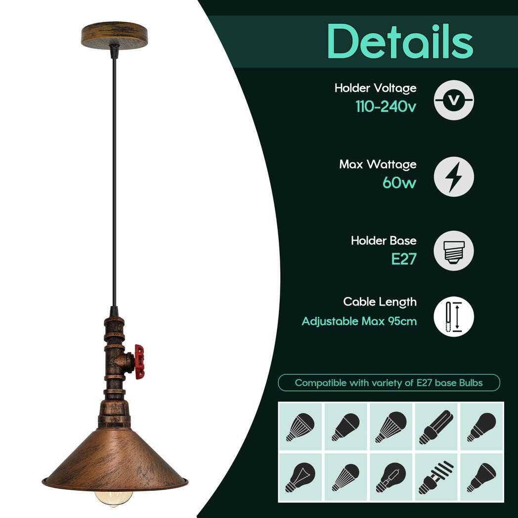 Vintage Brushed Copper ceiling pendent light metal shade E2adjustable cable