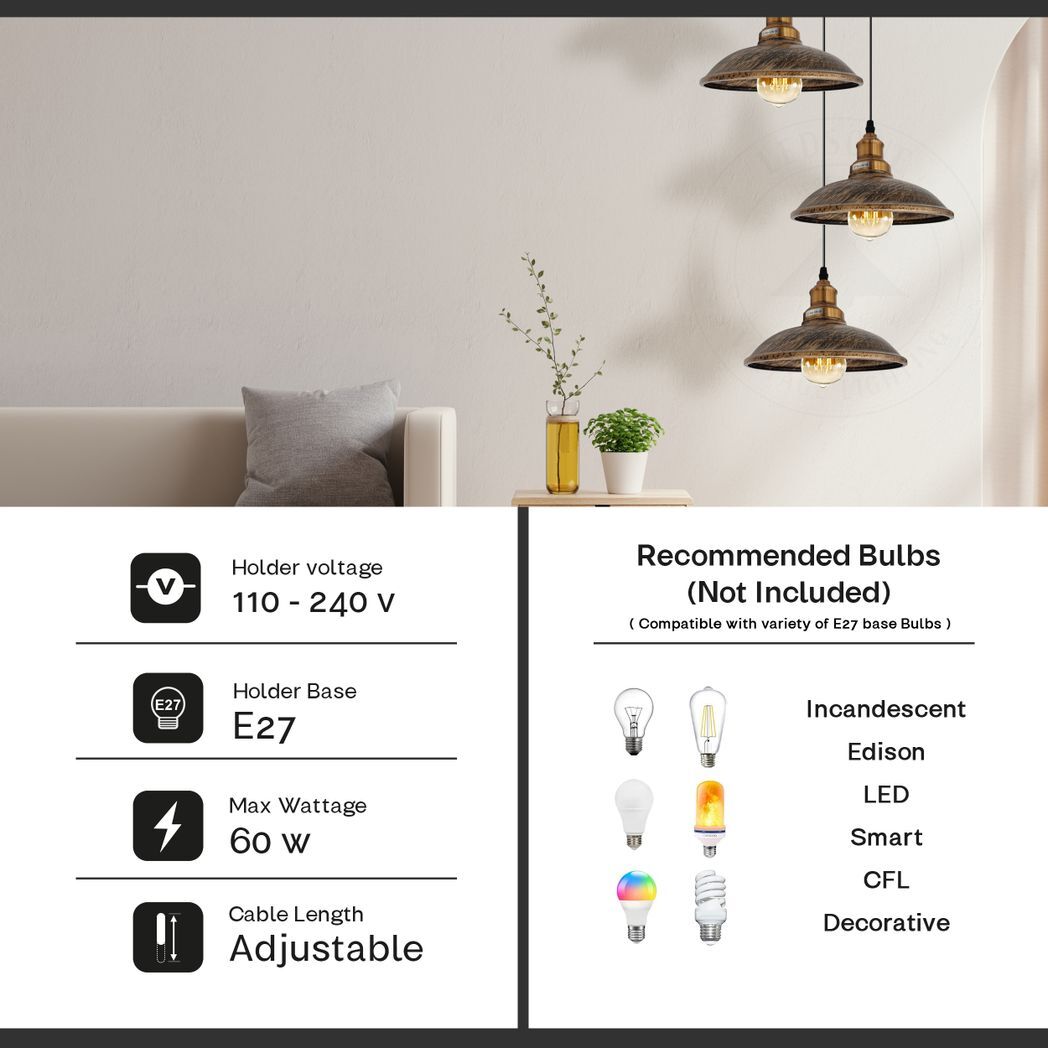 4 Head Vintage Industrial Brushed copper E27 Hanging Light Metal Pendant Lamp