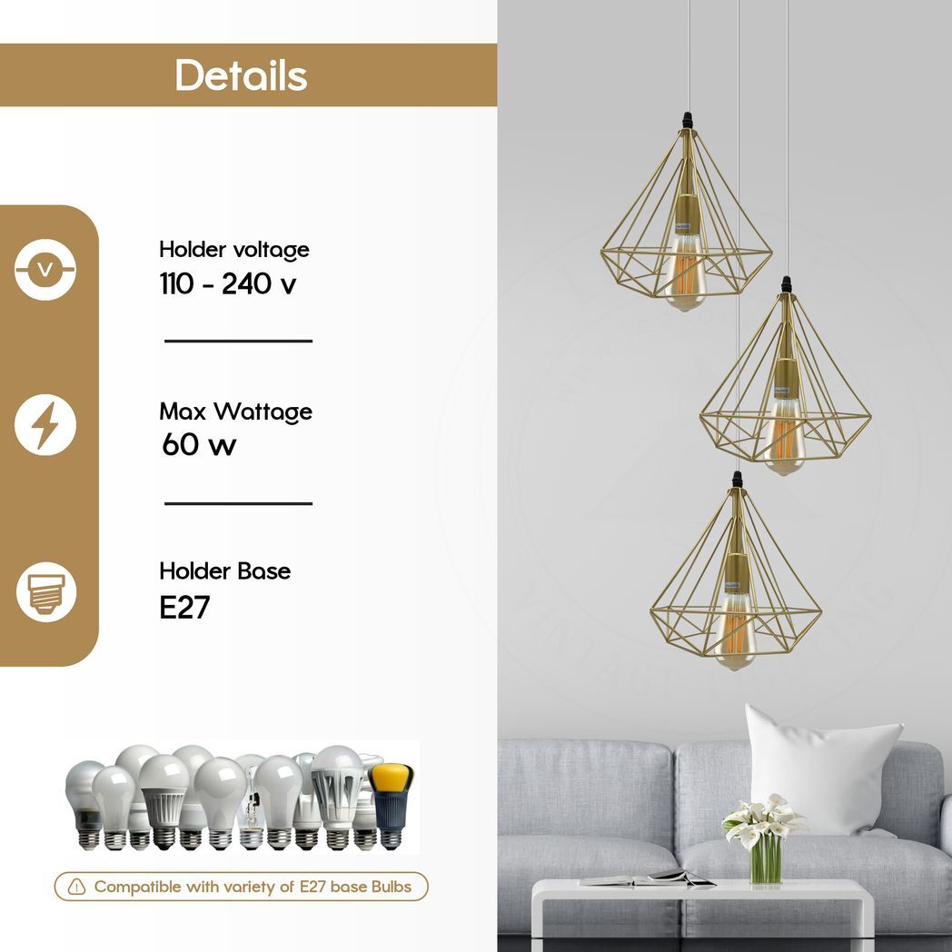 3 Head Round Base Gold Vintage Industrial E27 Ceiling Hanging Light Cage Shade Loft Style Metal Ceiling Pendant Lamp