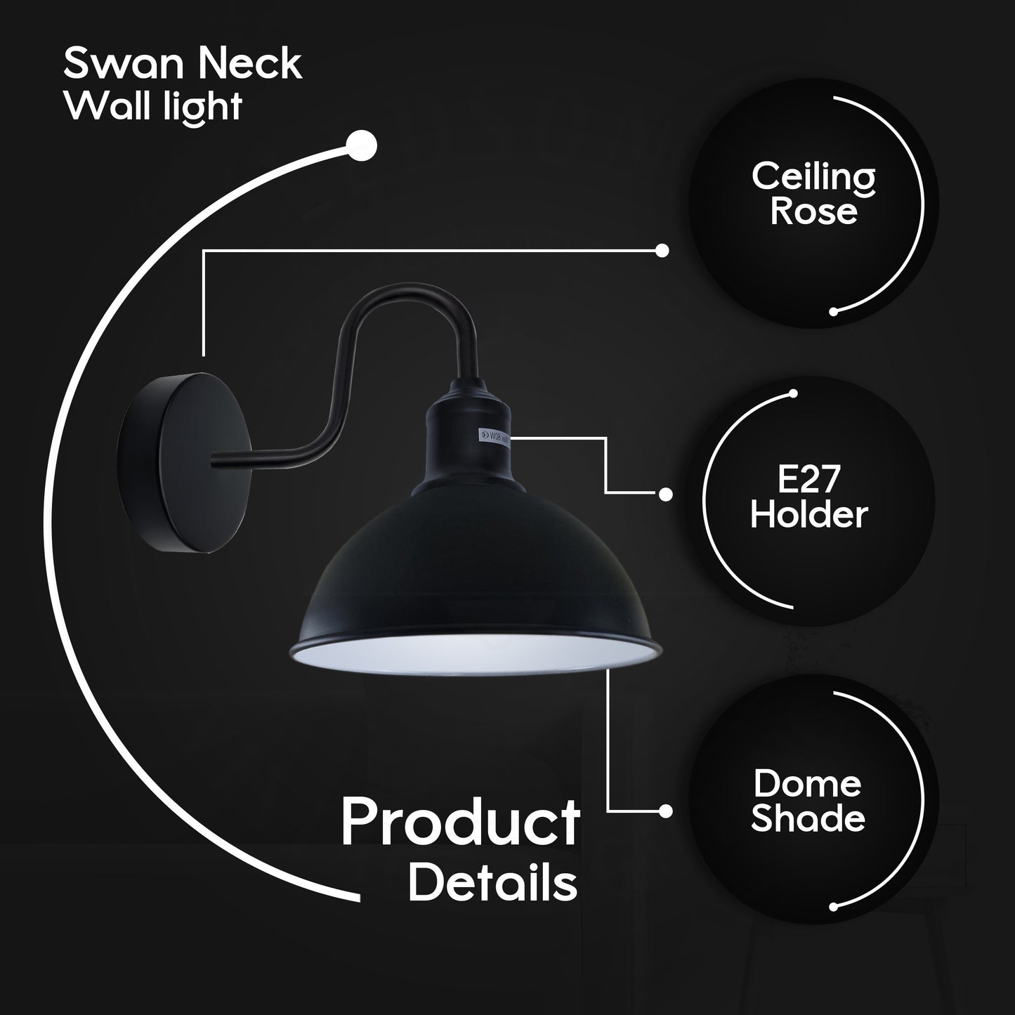 Modern Industrial 2 Pack Swan Neck Metal Arm E27 Sconce Wall Light Set Fixture for Living Room Dining Room Kitchen.