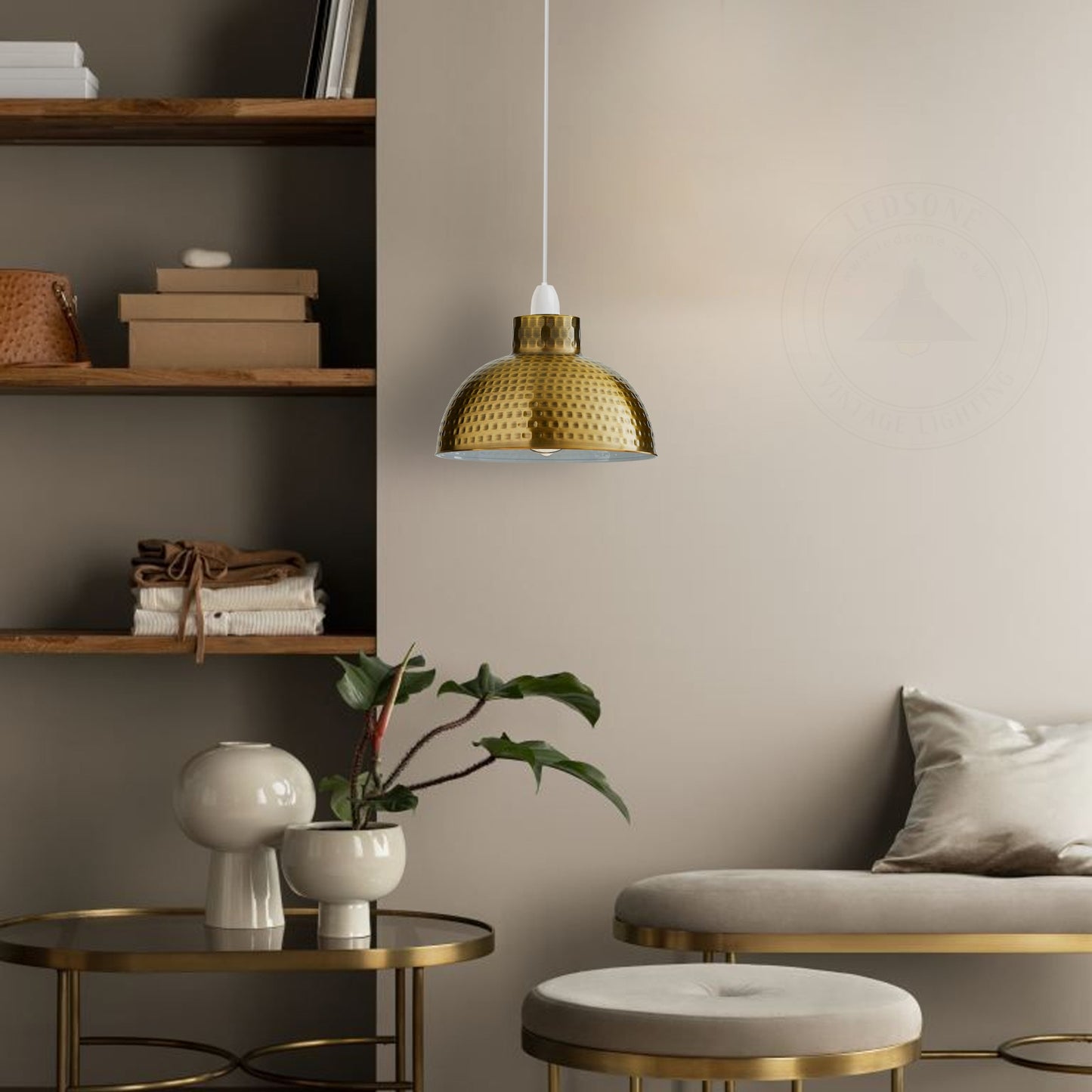 2 Pack Yellow Brass Retro Easy Fit Lamp Light Shade E27 Base Pendant Metal 26cm Dome Shape Large Lamp Shades