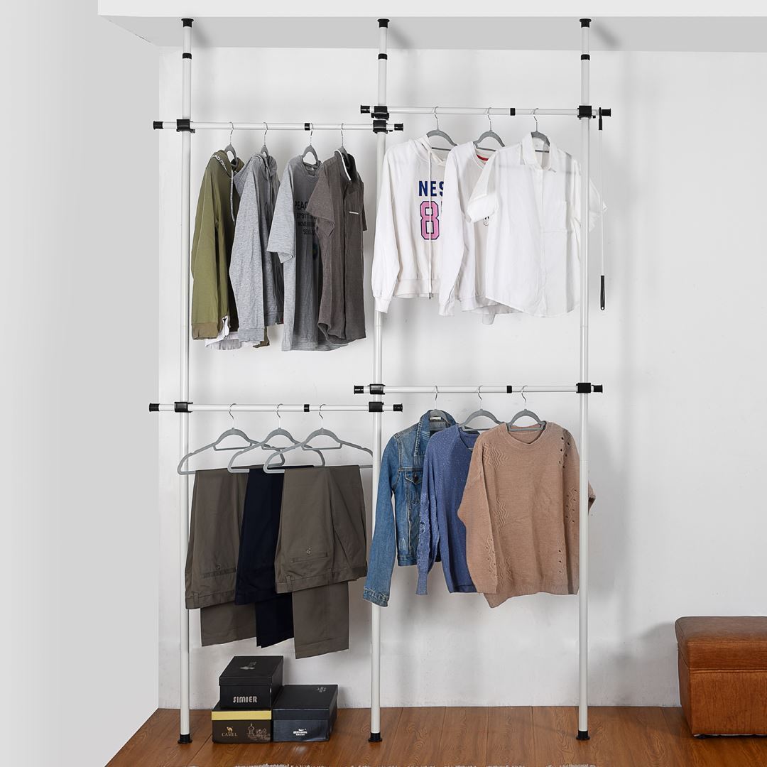 Double Telescopic Wardrobe Organiser Hanging Rail Clothes Rack Adjustable Storage Shelving