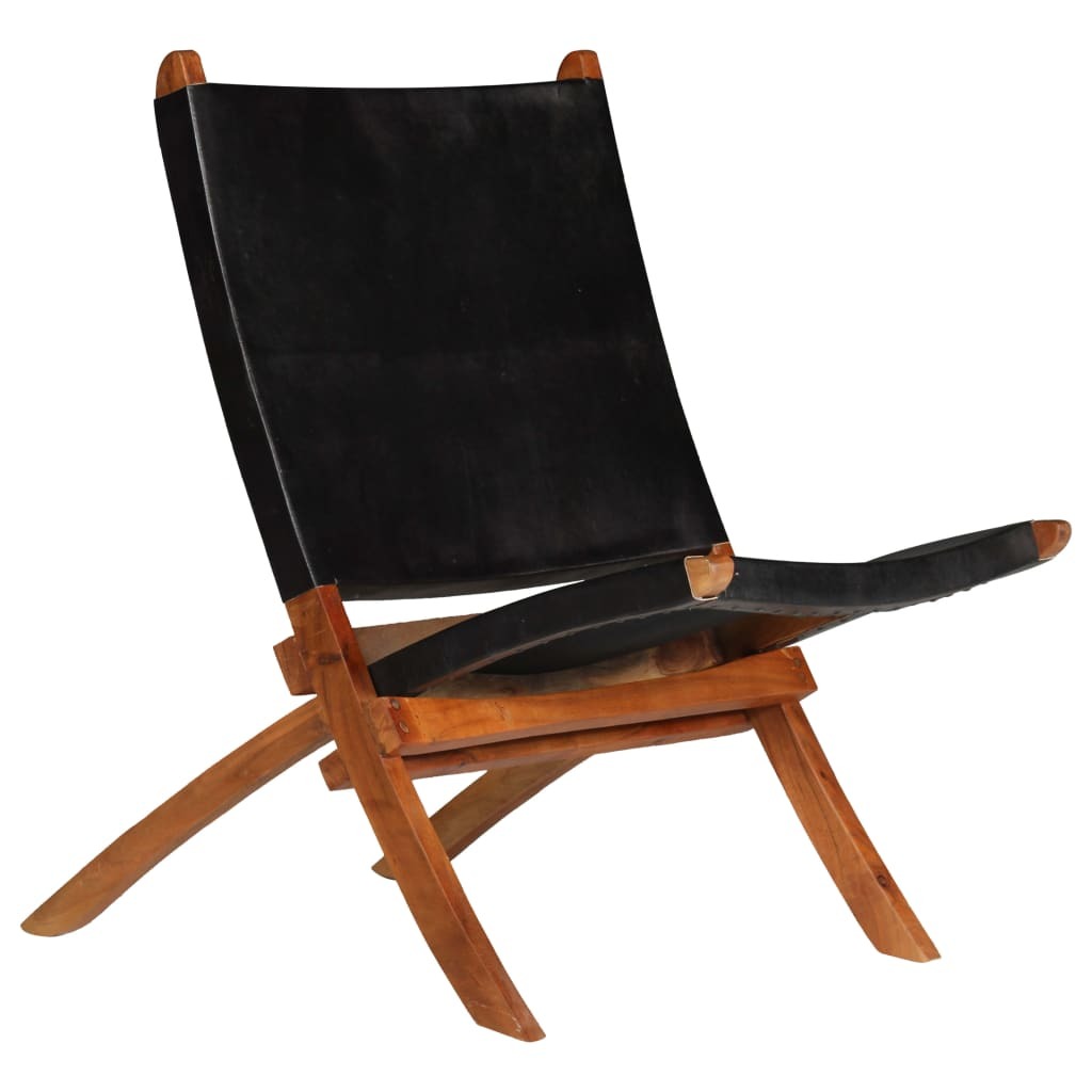 Folding Relaxing Chair Black Real Leather