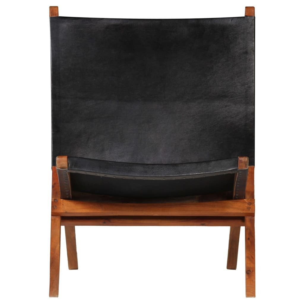 Folding Relaxing Chair Black Real Leather