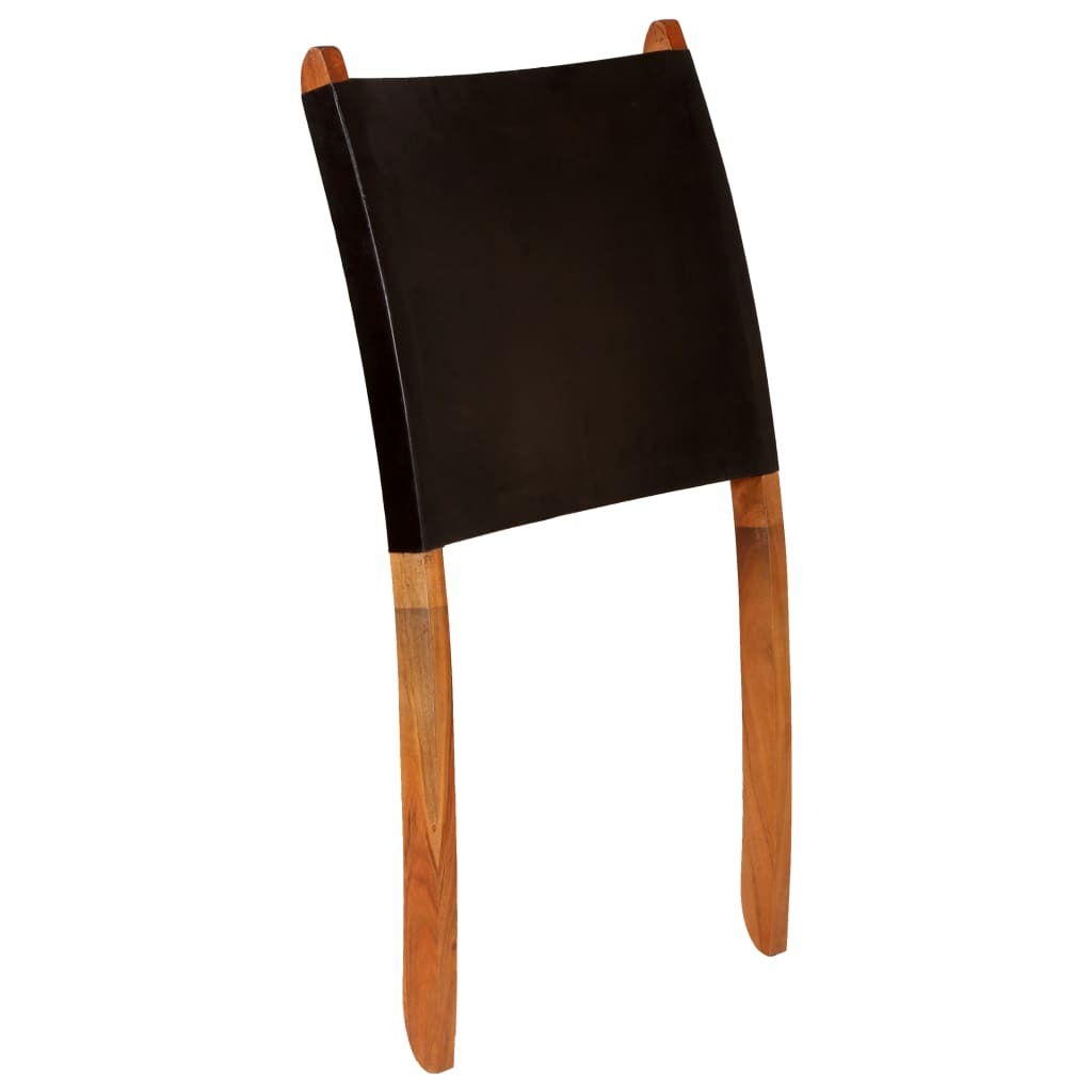 Folding Relaxing Chair Black Real Leather