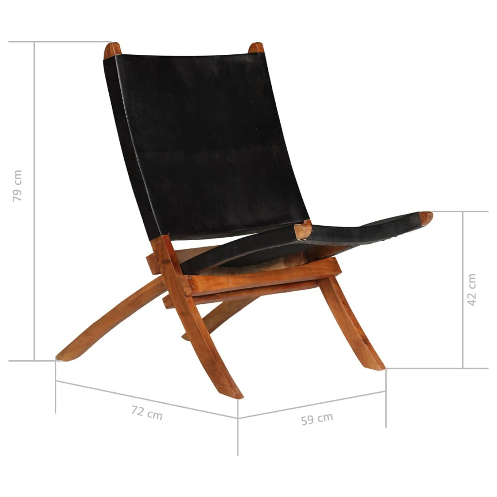 Folding Relaxing Chair Black Real Leather