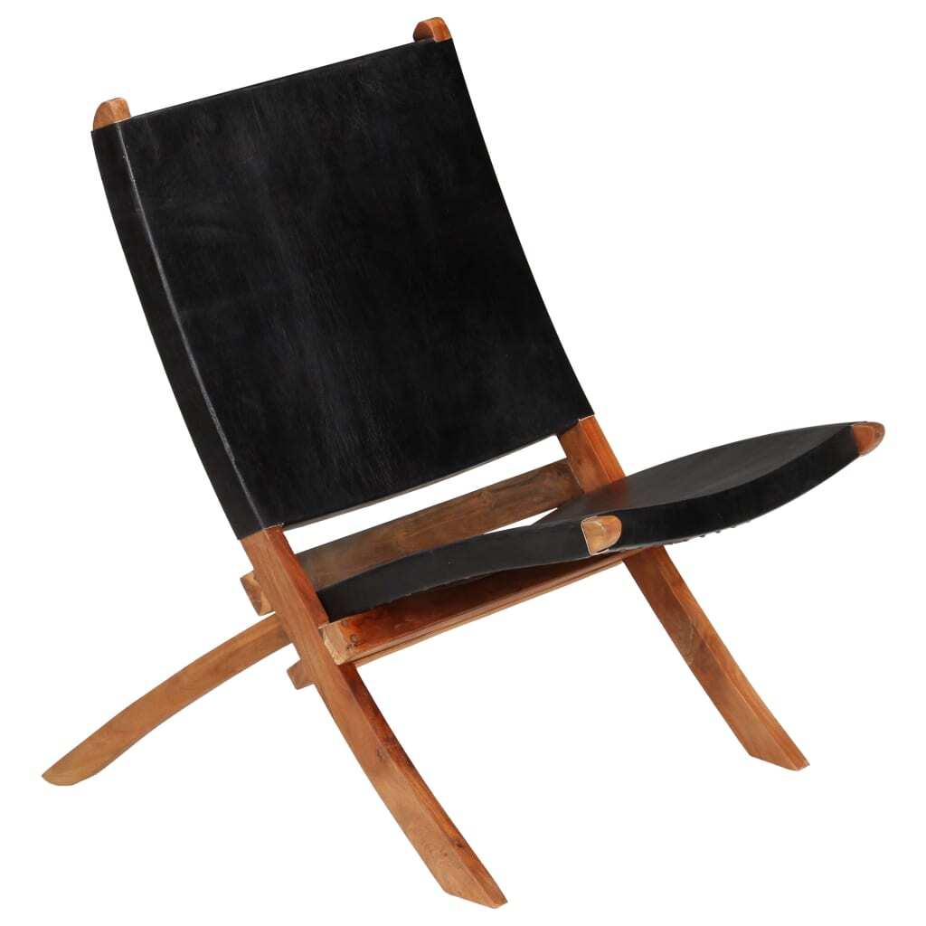 Folding Relaxing Chair Black Real Leather