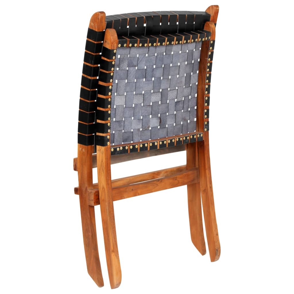 Folding Chair Crossed-Stripe Black Real Leather