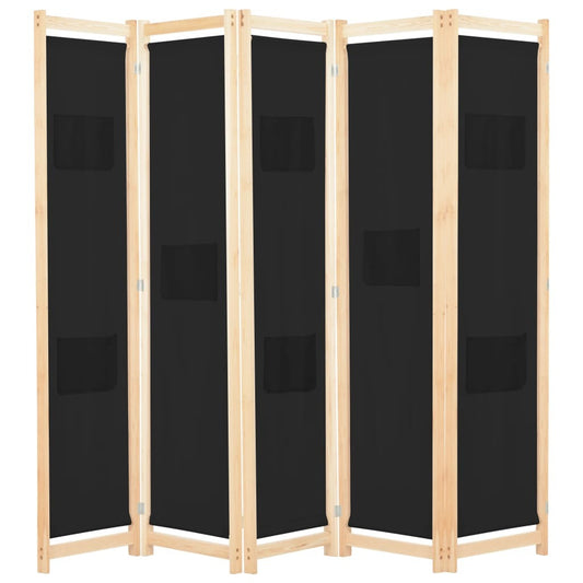 5-Panel Room Divider Black 200x170x4 cm Fabric