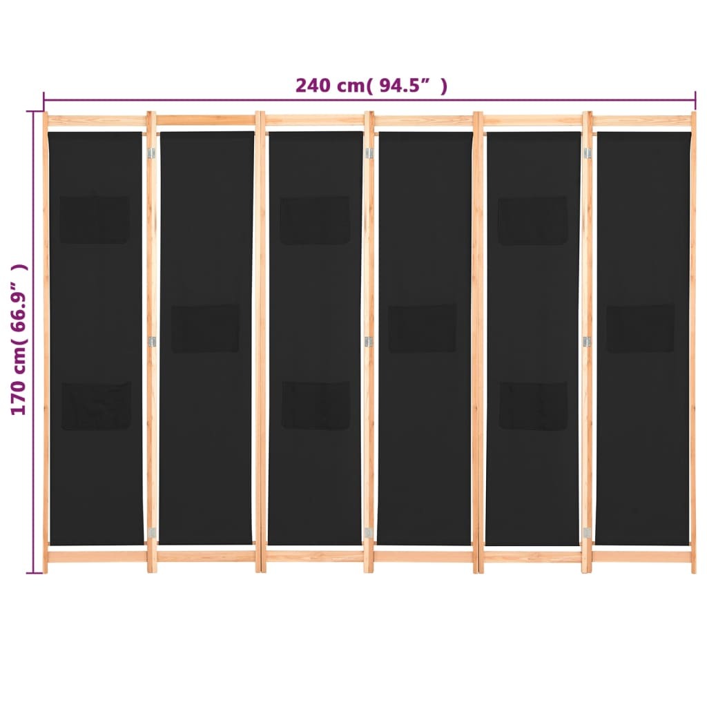 6-Panel Room Divider Black 240x170x4 cm Fabric