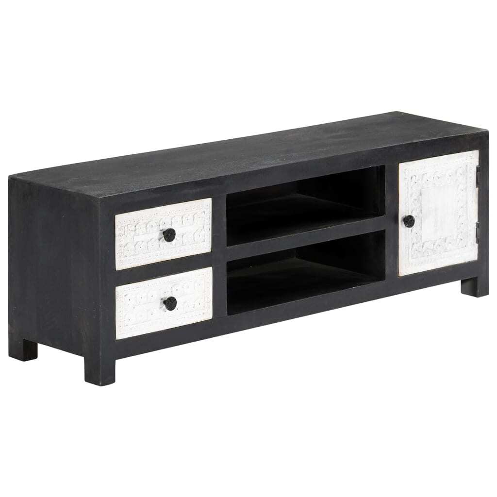 Hand Carved TV Cabinet Grey&White 120x30x40 cm Solid Wood Mango