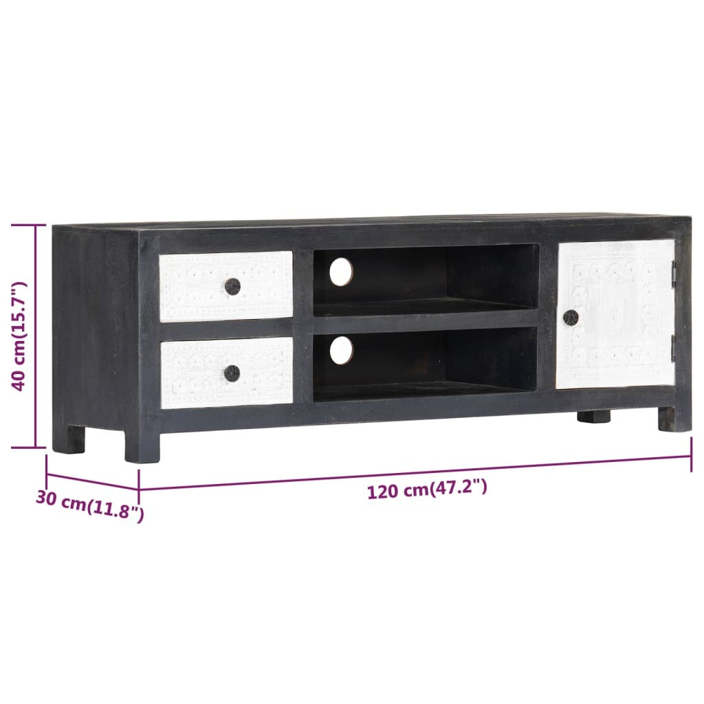 Hand Carved TV Cabinet Grey&White 120x30x40 cm Solid Wood Mango