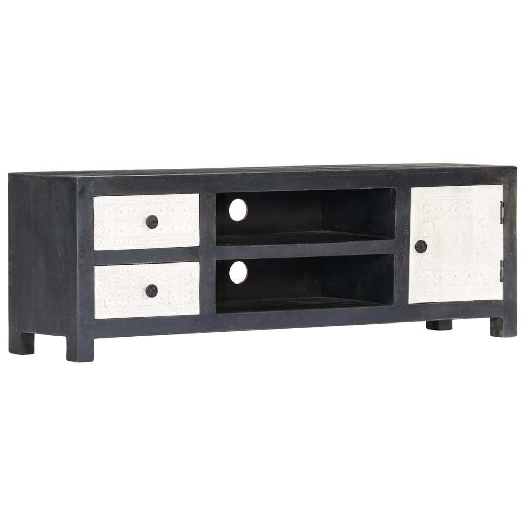 Hand Carved TV Cabinet Grey&White 120x30x40 cm Solid Wood Mango